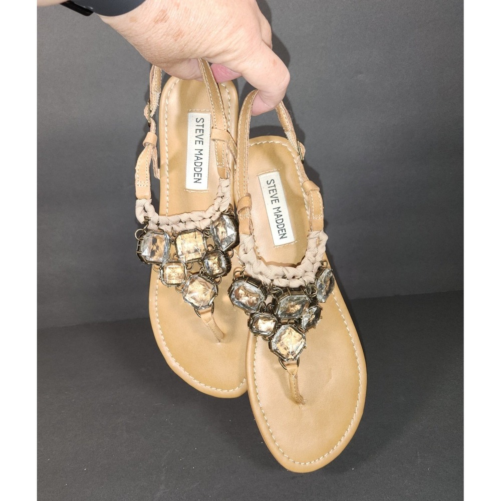 STEVE MADDEN Garnish Flat Sandals Womens 7.5 Tan Leather Jeweled T-Strap Boho